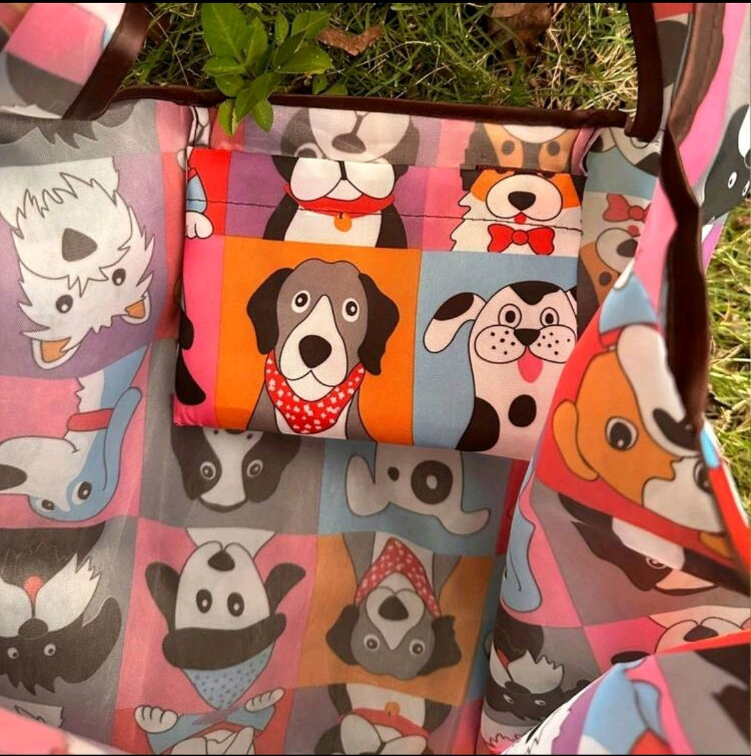 Multicoloured dog design large capacity tote shoulder shopping bag pocket
