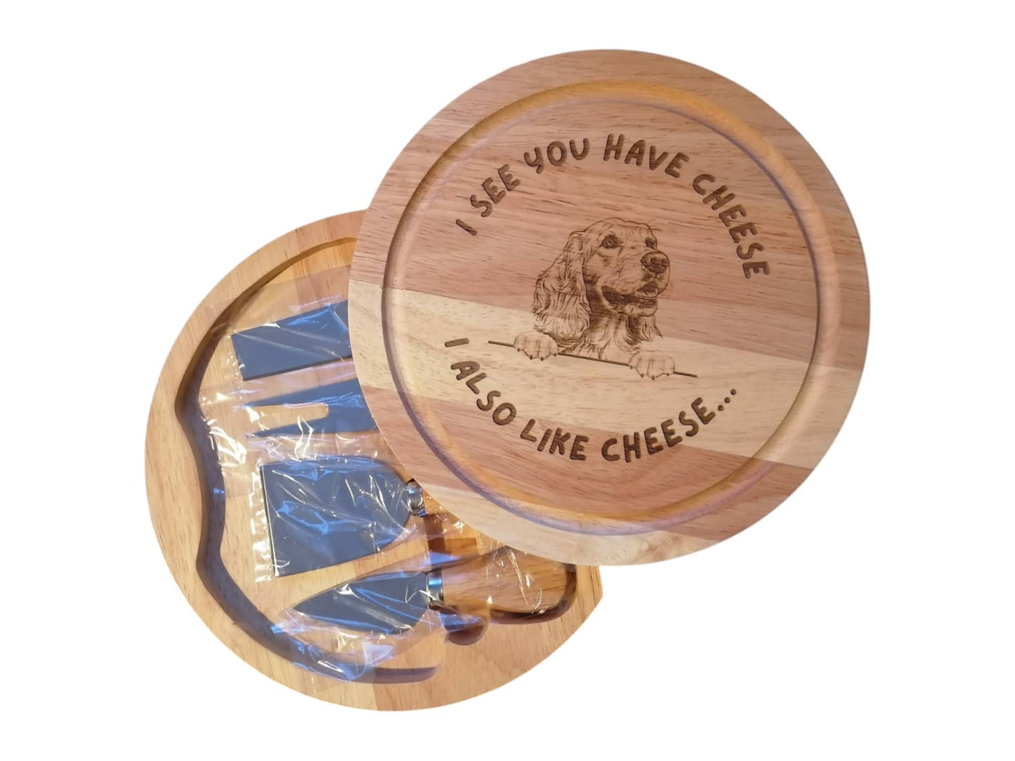 'I see you have cheese...' Cocker Spaniel design cheese set with tools.