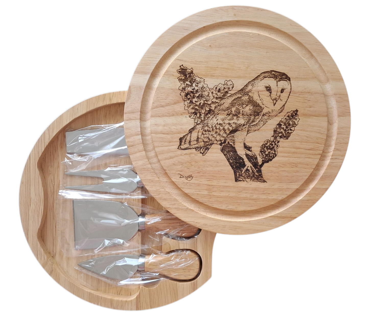 Barn Owl *Exclusive Design* Cheese Set with Tools (21cm dia. x 4cm).