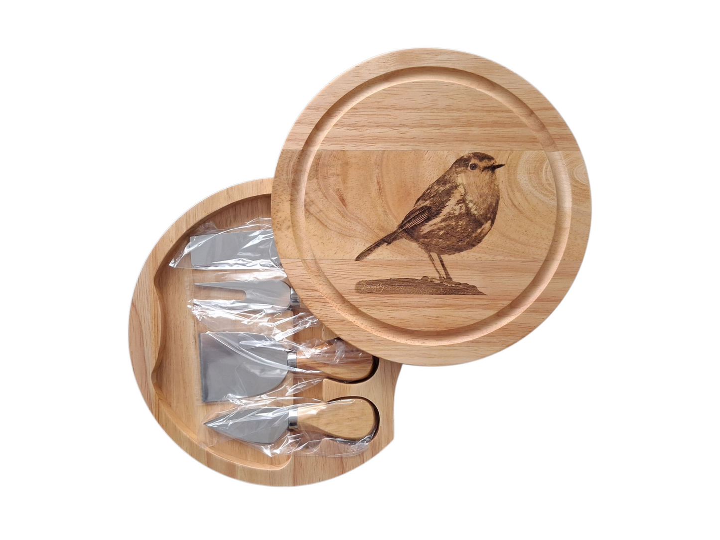 Robin design cheese set with tools photo open