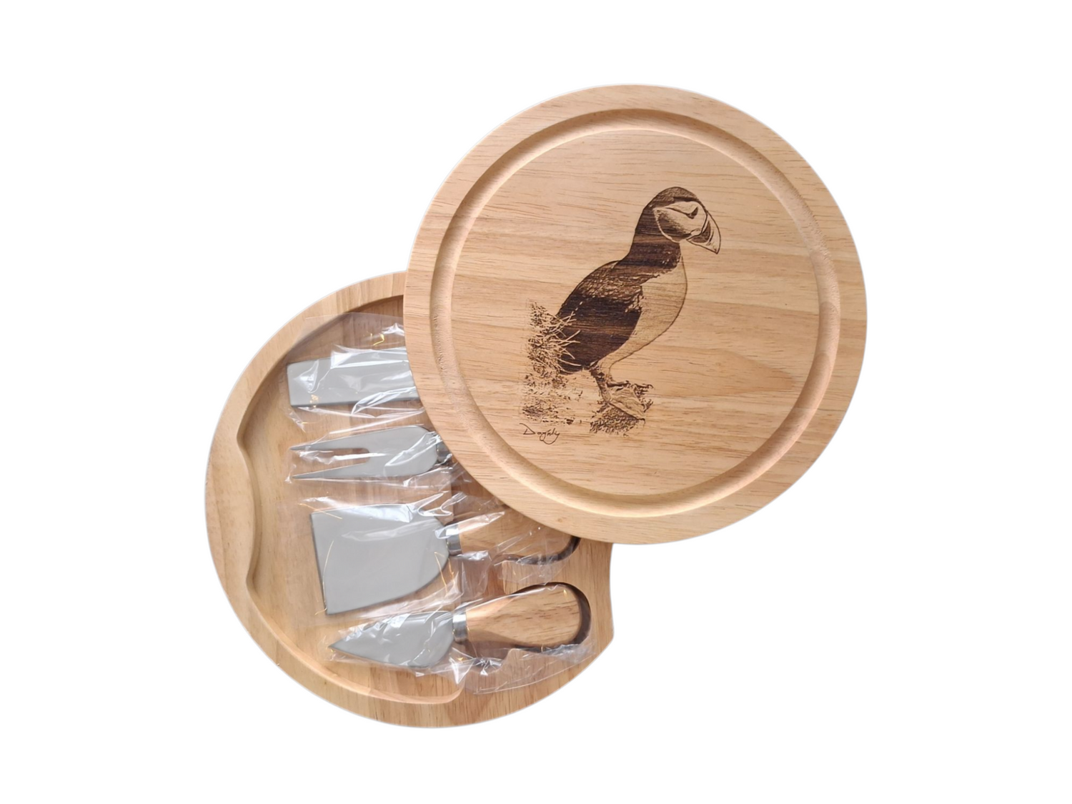 Puffin Design Cheese Set with Tools photo open