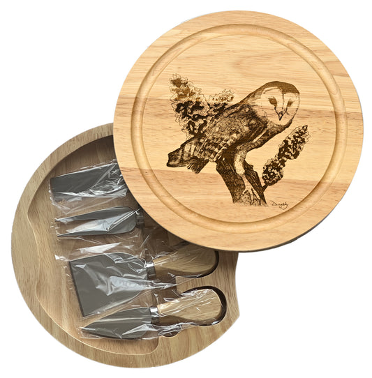 Barn Owl *Exclusive Design* Cheese Board Set with Tools Open 