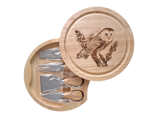 Barn Owl *Exclusive Design* Cheese Board Set with Tools Open