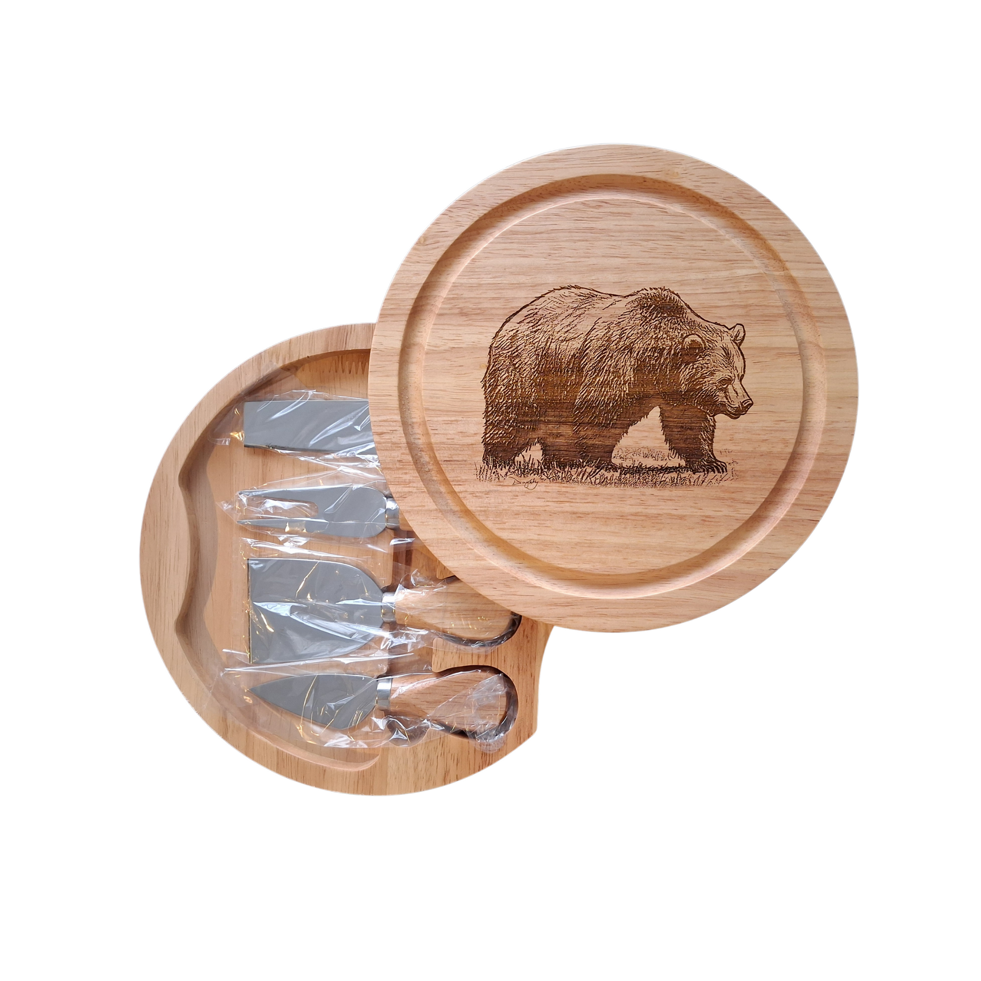 Brown Bear - Cheese Board Set with Tools (21cm dia. x 4cm). - Open