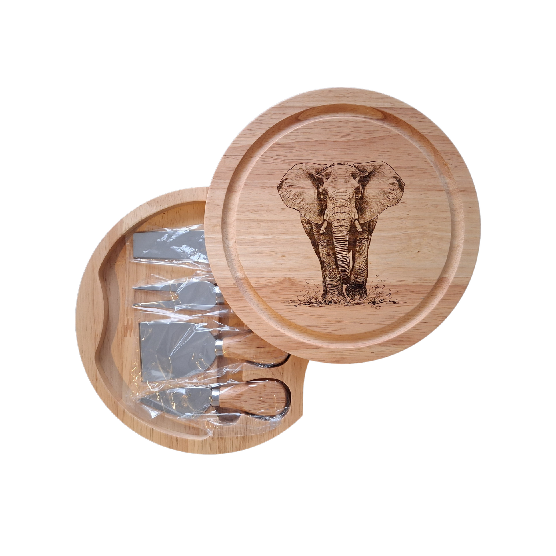 Bull Elephant - Cheese Board Set with Tools (21cm dia. x 4cm). - open
