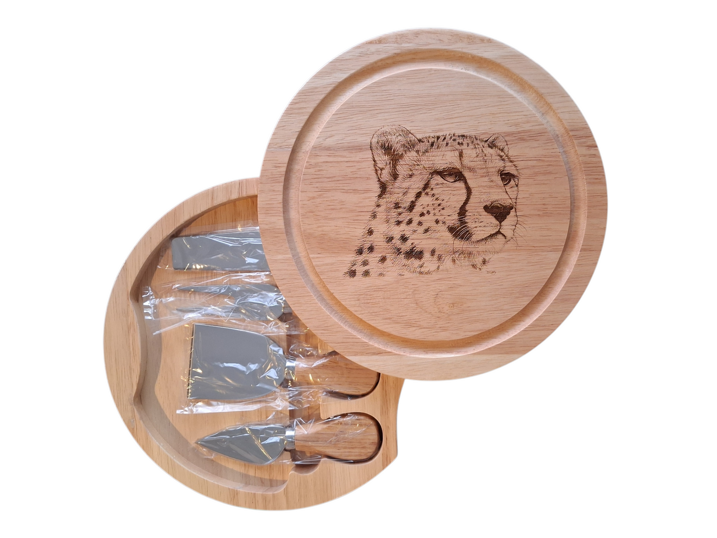 Cheetah Design Cheese Board Set with Tools Open 