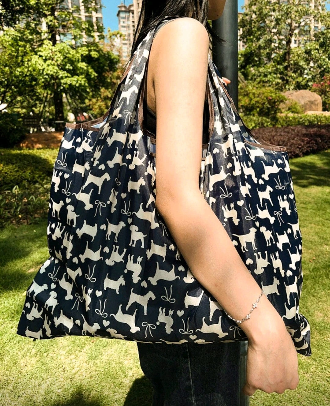 Dark blue dog design large capacity tote shoulder shopping bag