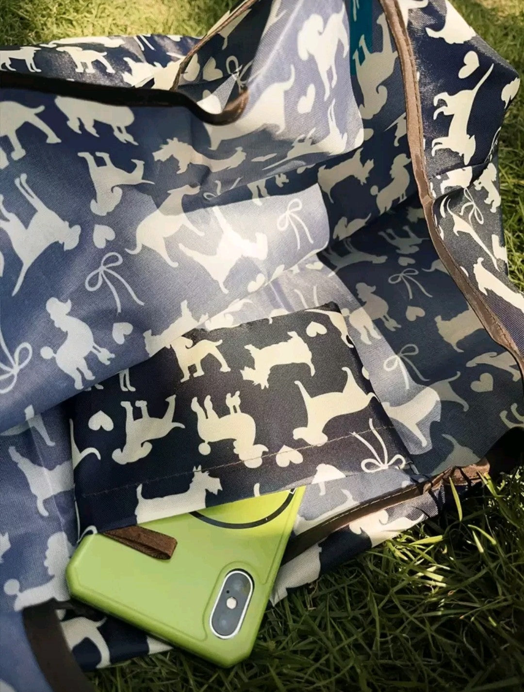 Dark blue dog design large capacity tote shoulder shopping bag inside pocket 