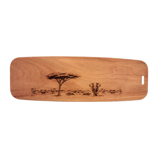 Elephant & Acacia Tree Design Acacia Wood Serving Board Front