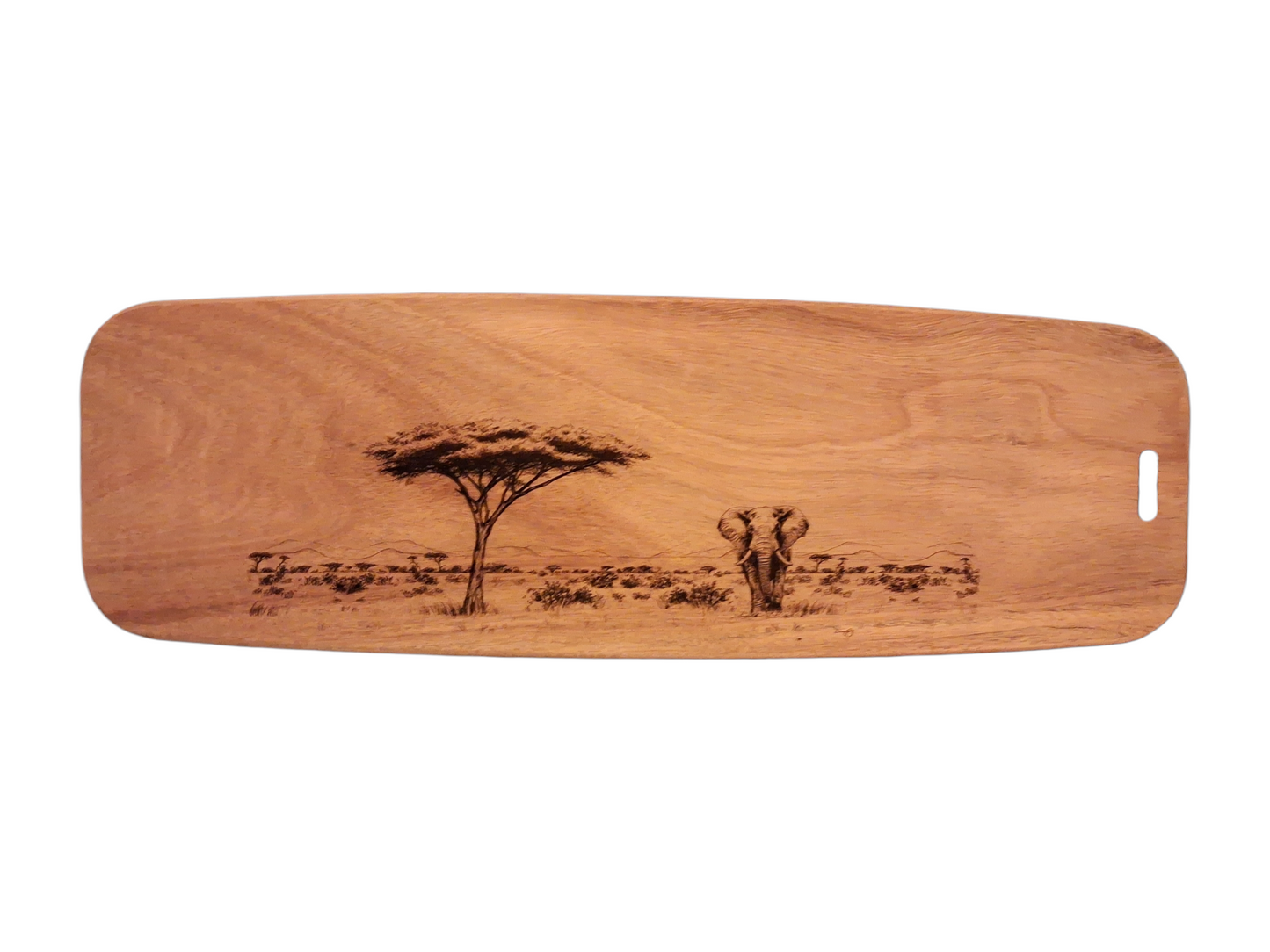 Elephant & Acacia Tree Design Acacia Wood Serving Board Front Image 