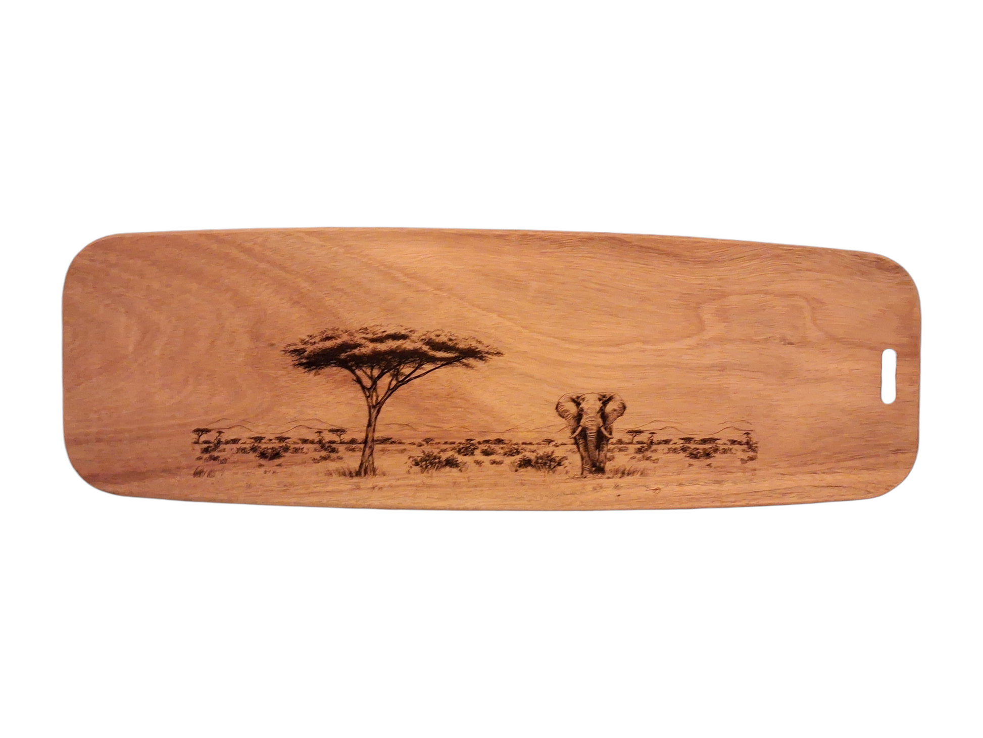 Elephant & Acacia Tree Design Acacia Wood Serving Board Front Image 