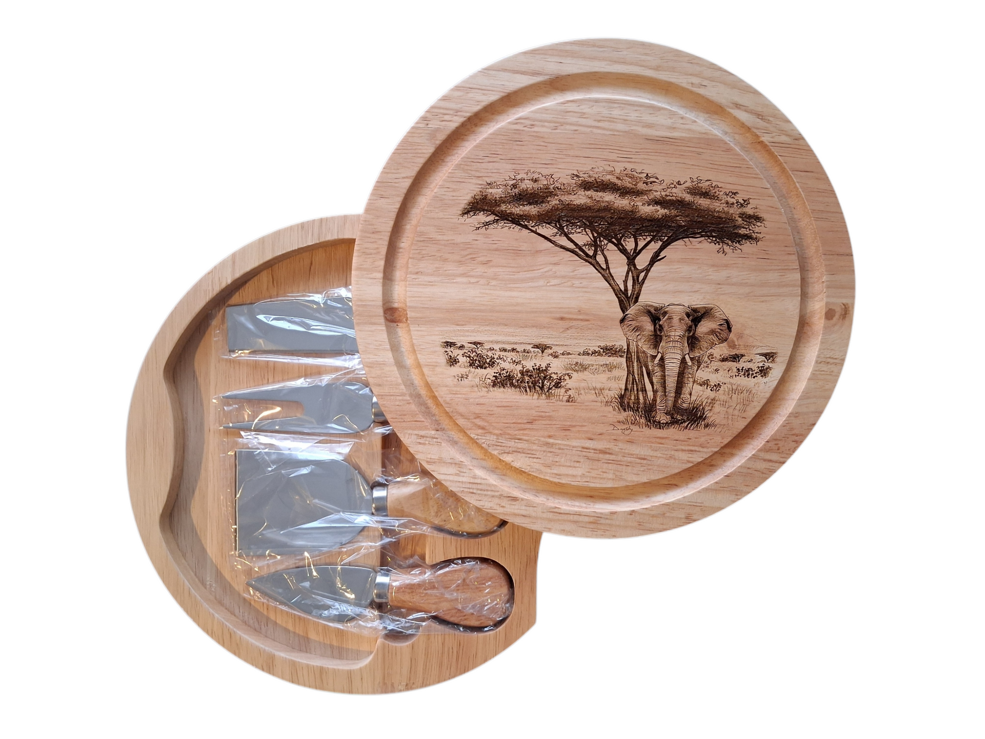 Elephant & Acacia Tree Design Cheese Board Set with Tools Open 