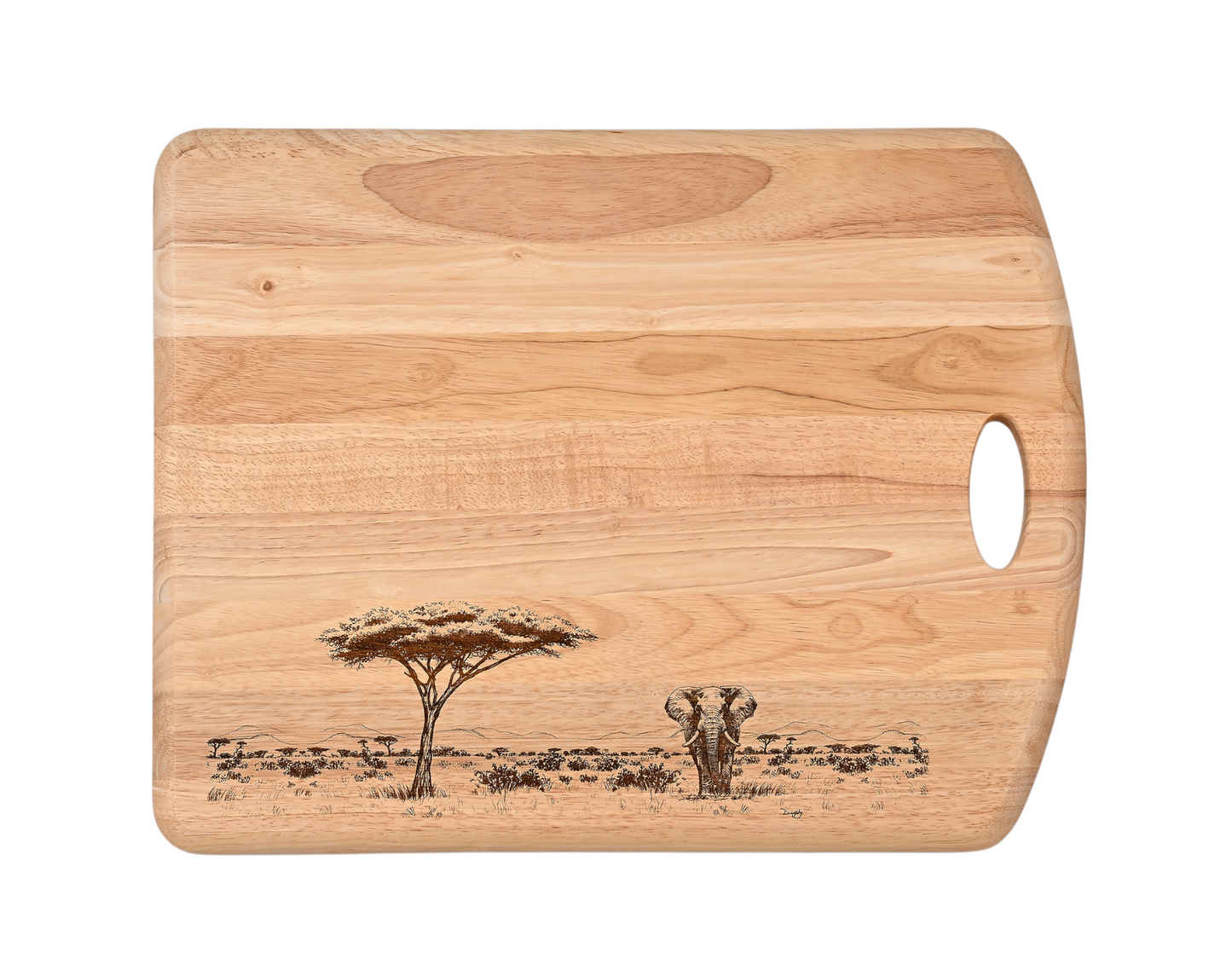 Elephant & Acacia Tree Design Large Chopping Board with Handle Front 