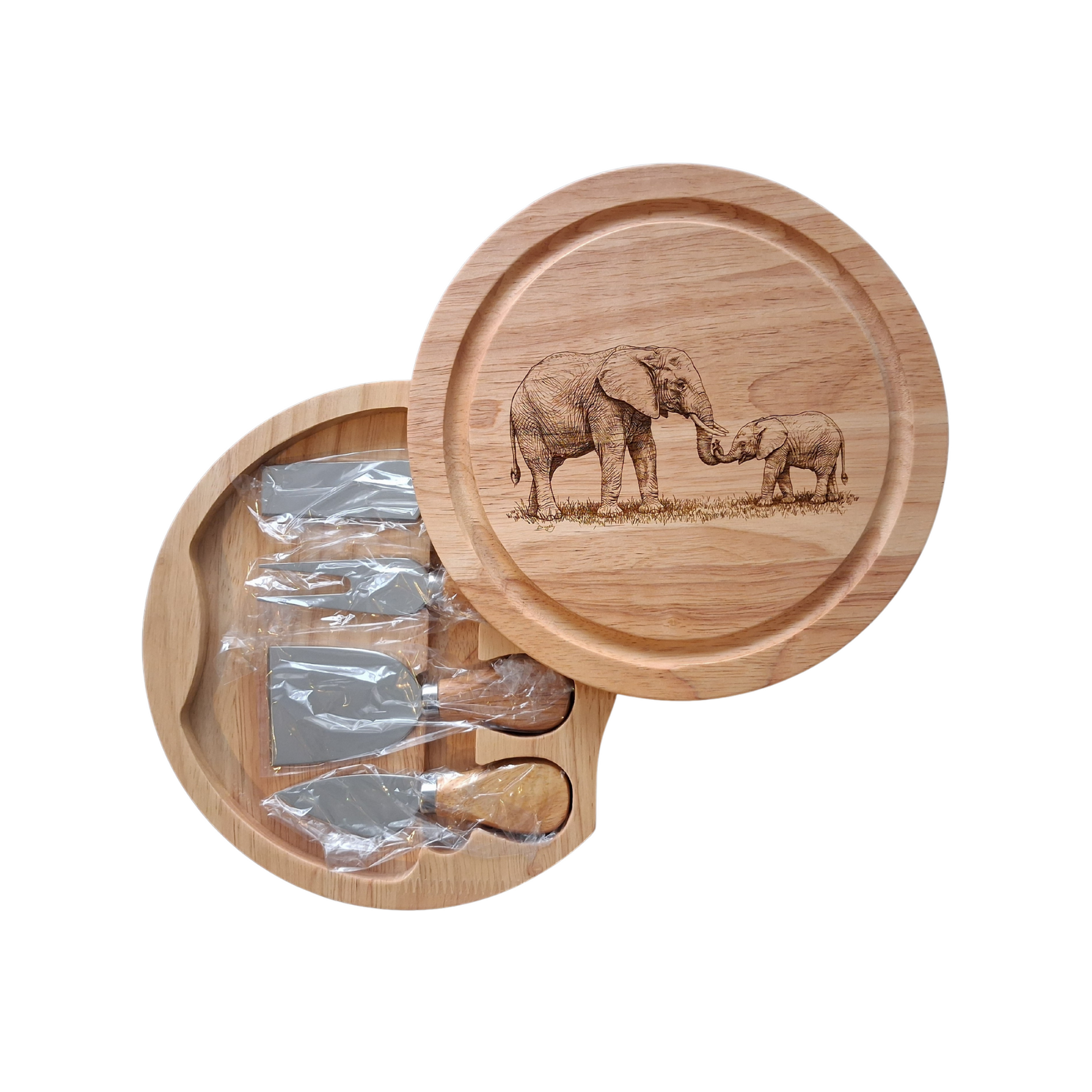 Elephant & Calf - Cheese Board Set with Tools (21cm dia. x 4cm)