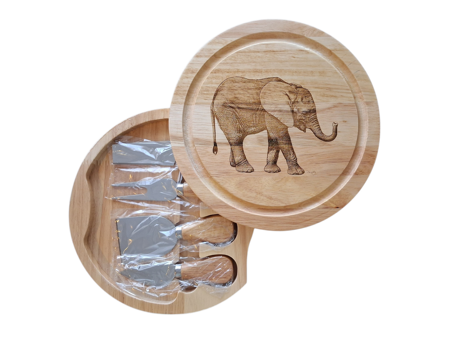 Elephant Design Cheese Board Set with Tools Open 