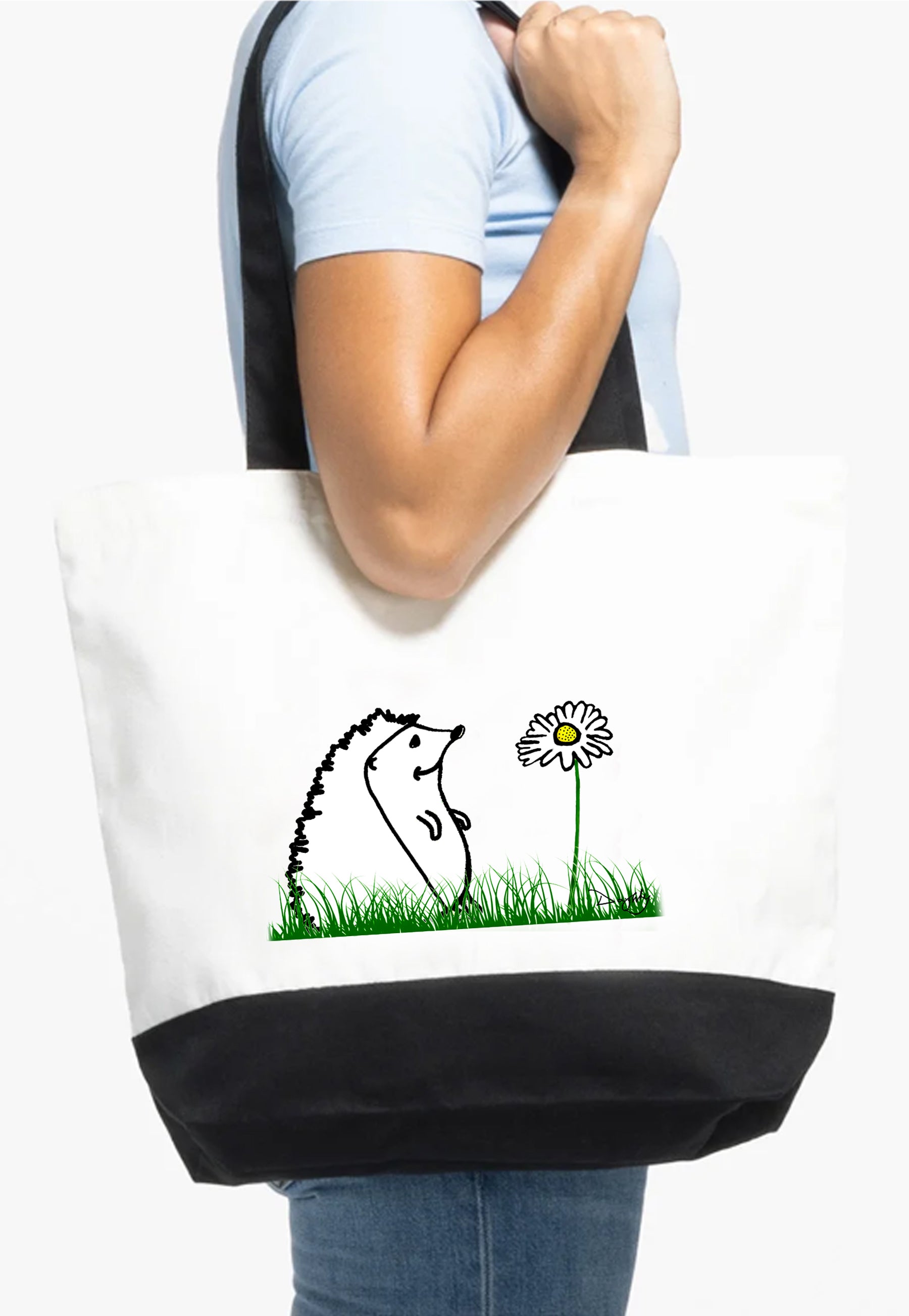 Hedgehog & Daisy Design Cotton Canvas Tote Bag (H:38xW:47cm)