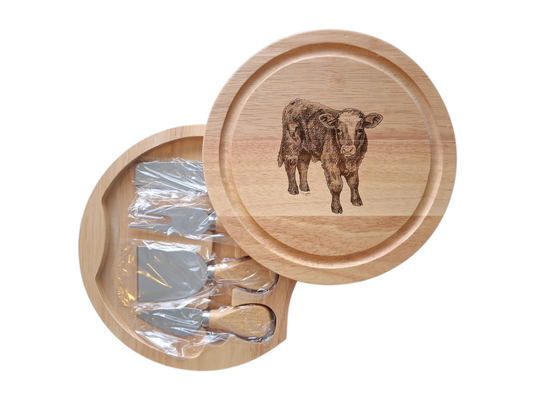 Highland Cow Calf Design Cheese Board Set with Tools Open 