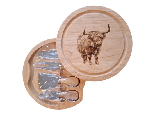 Highland Cow Design Cheese Board Set with Tools Open 