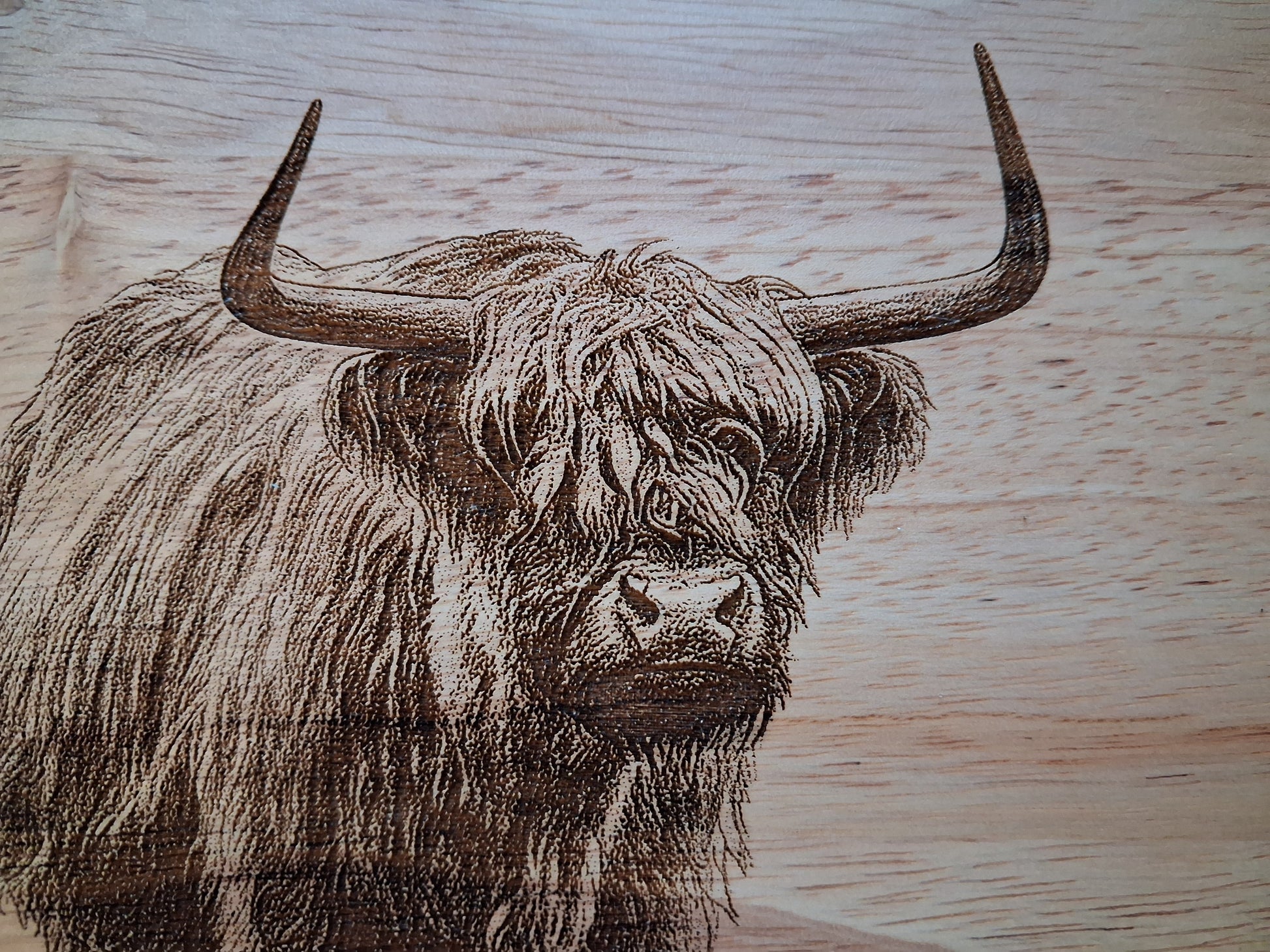 Highland Cow Design Medium Chopping Board With Handle Close-up 