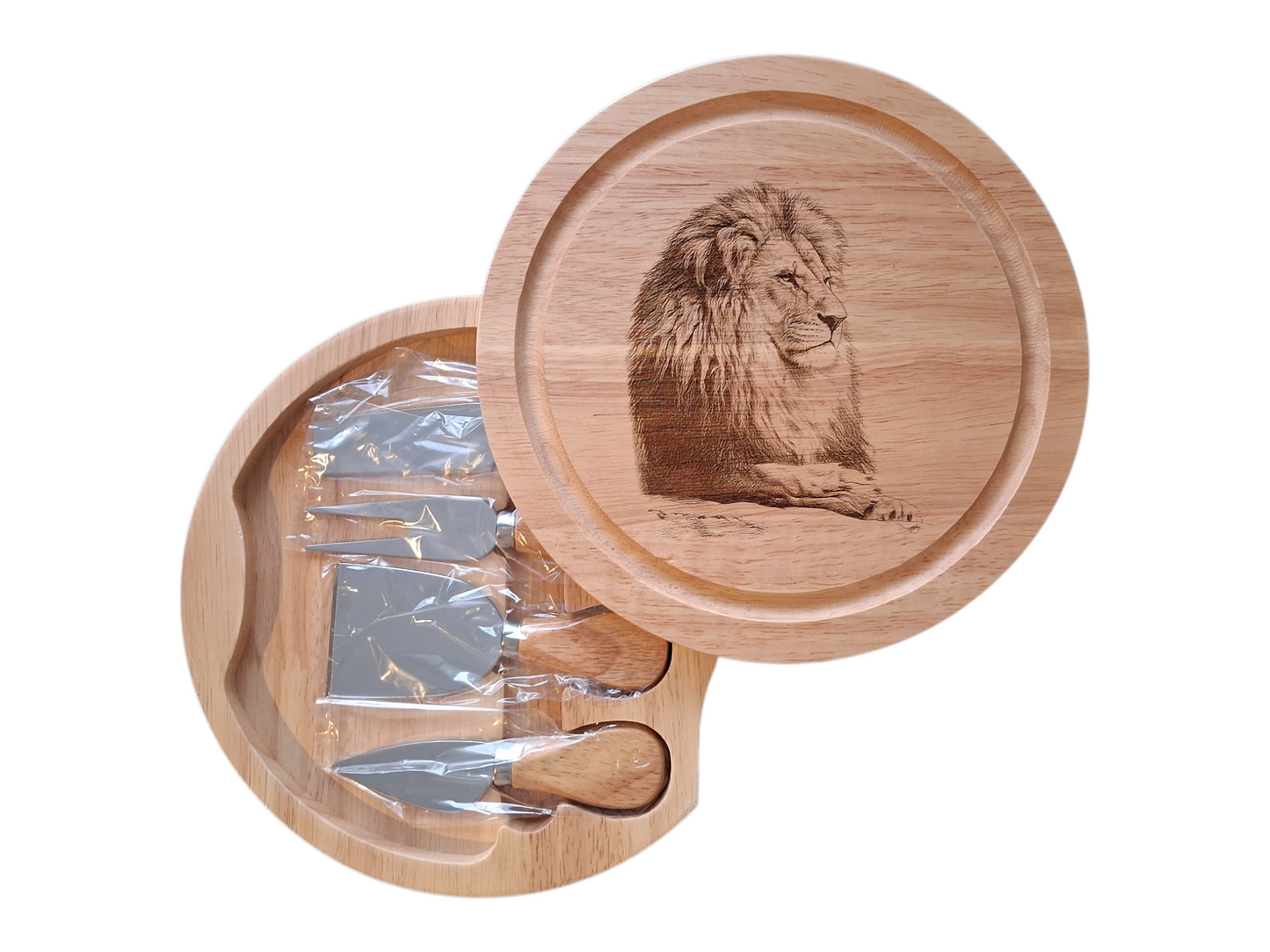 Lion Design Cheese Board Set with Tools Open 