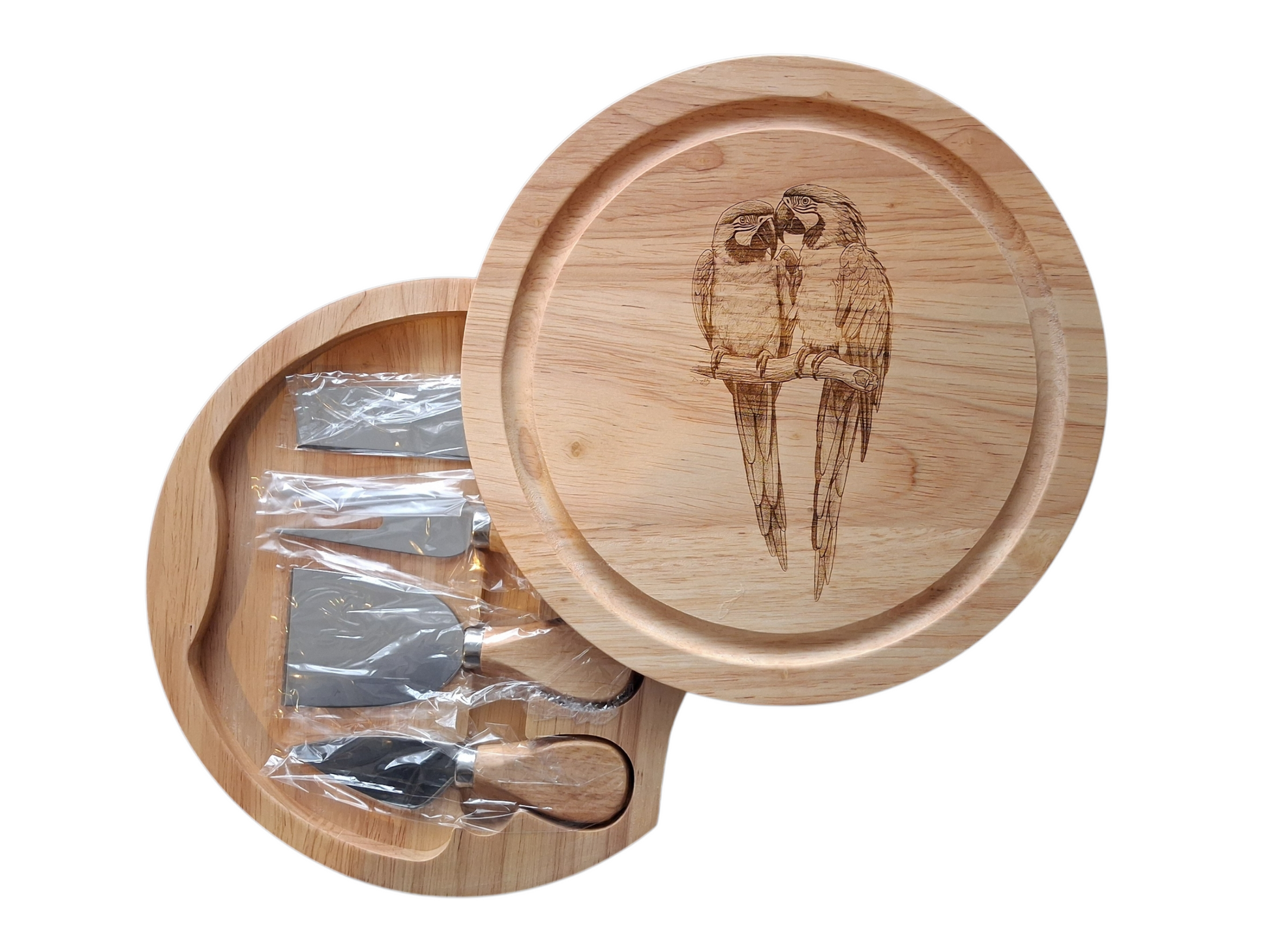 Macaws 'Love Is...' Design Cheese Board Set with Tools Open 