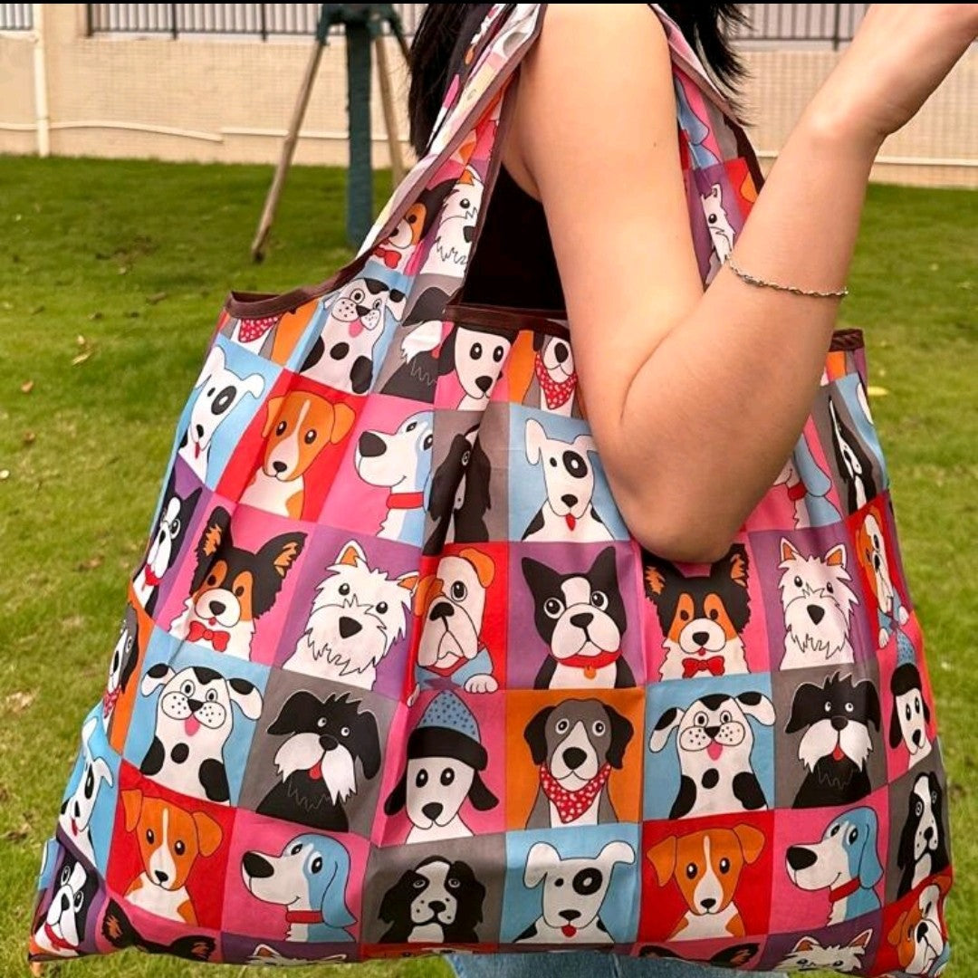 Multicoloured dog design large capacity tote shoulder shopping bag