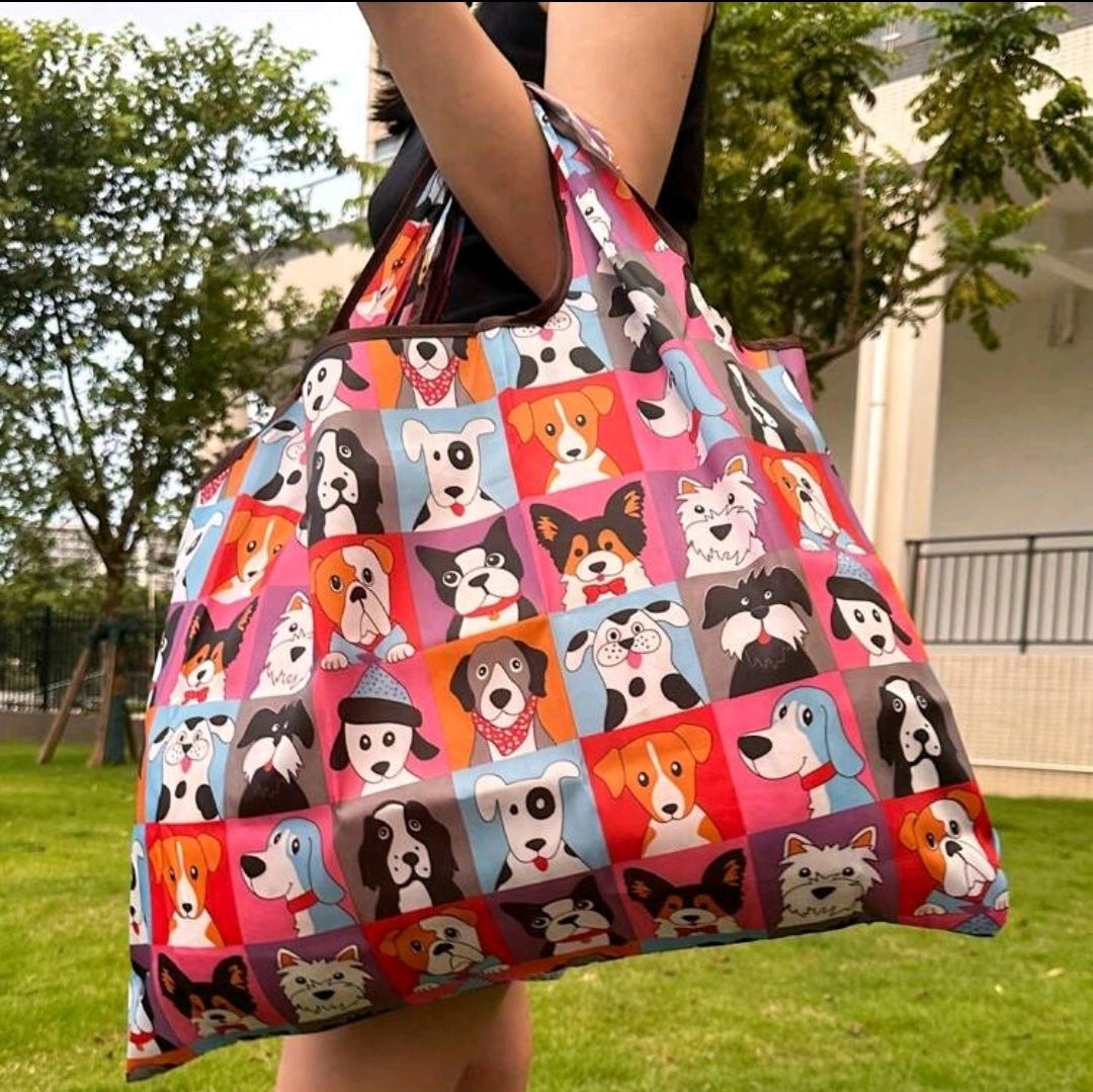 Multicoloured dog design large capacity tote shoulder shopping bag side image 