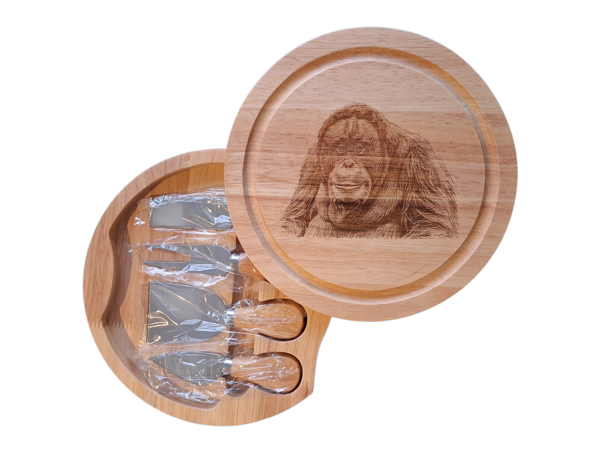Orangutan Design Cheese Board Set with Tools Open 