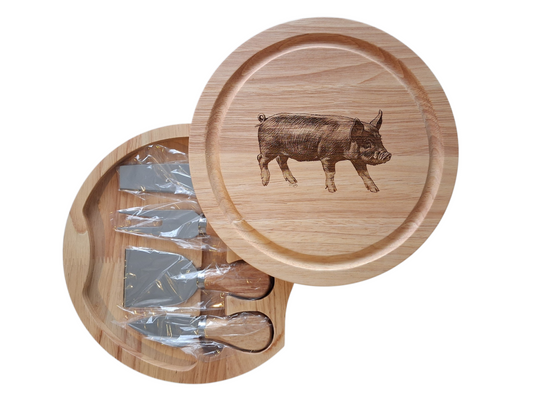 Pig Design Cheese Board Set with Tools Open 