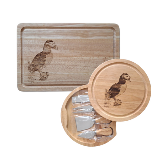 Puffin Design Bundle Including Cheese Set with Tools and Small Chopping Board 