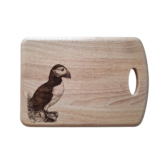 Puffin Design Wood Chopping Board with Handle Front