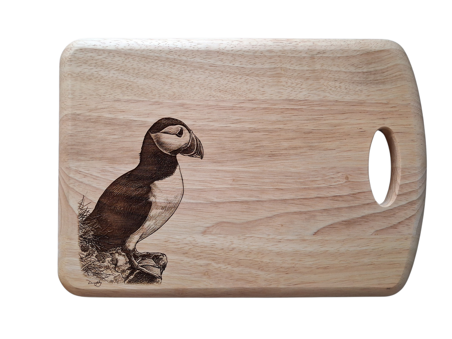 Puffin Design Wood Chopping Board with Handle Front Image