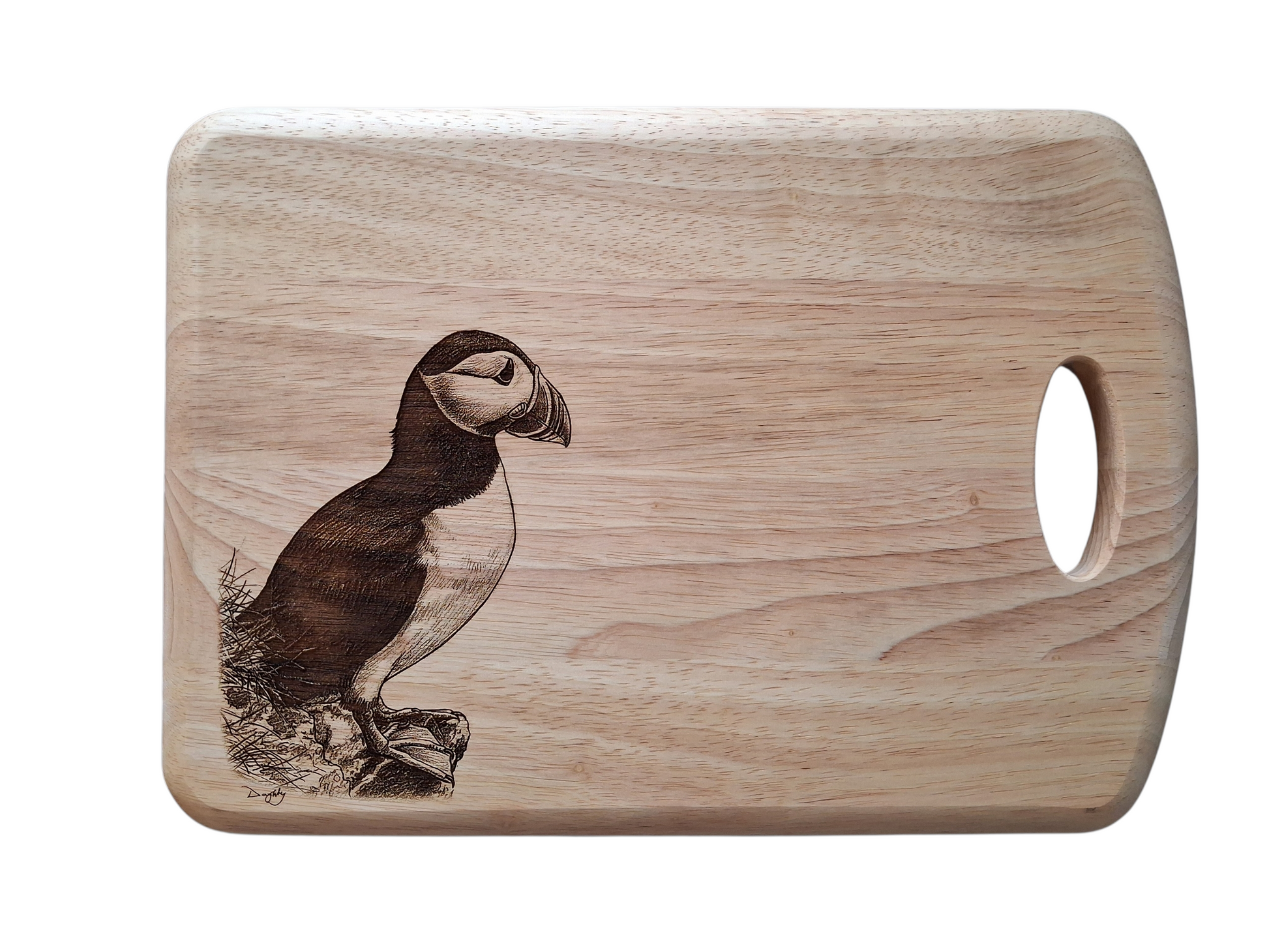 Puffin Design Wood Chopping Board with Handle Front Image