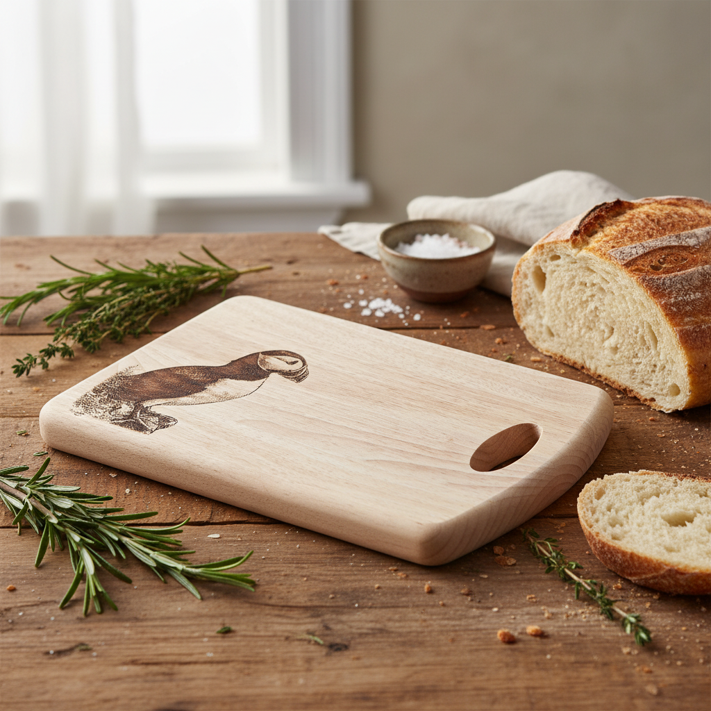 Puffin Design Wood Chopping Board with Handle Lifestyle 