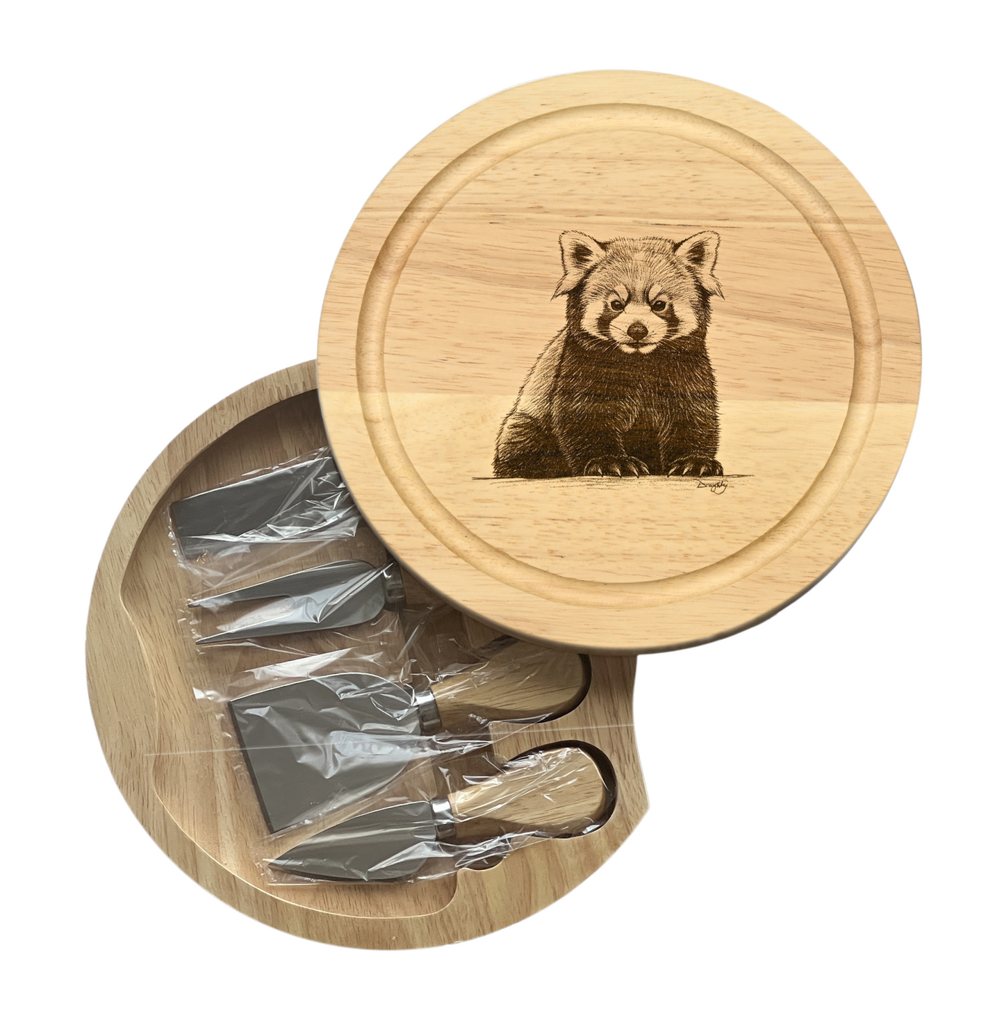 Red Panda Design Cheese Board Set with Tools Open Image2