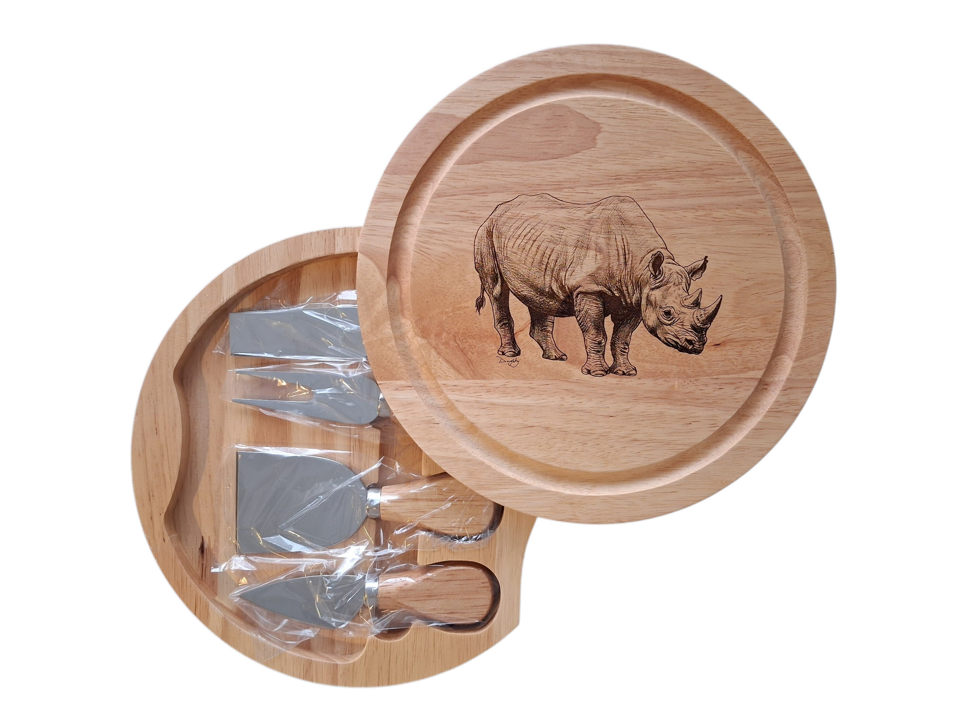 Rhinoceros Design Cheese Board Set with Tools Open 