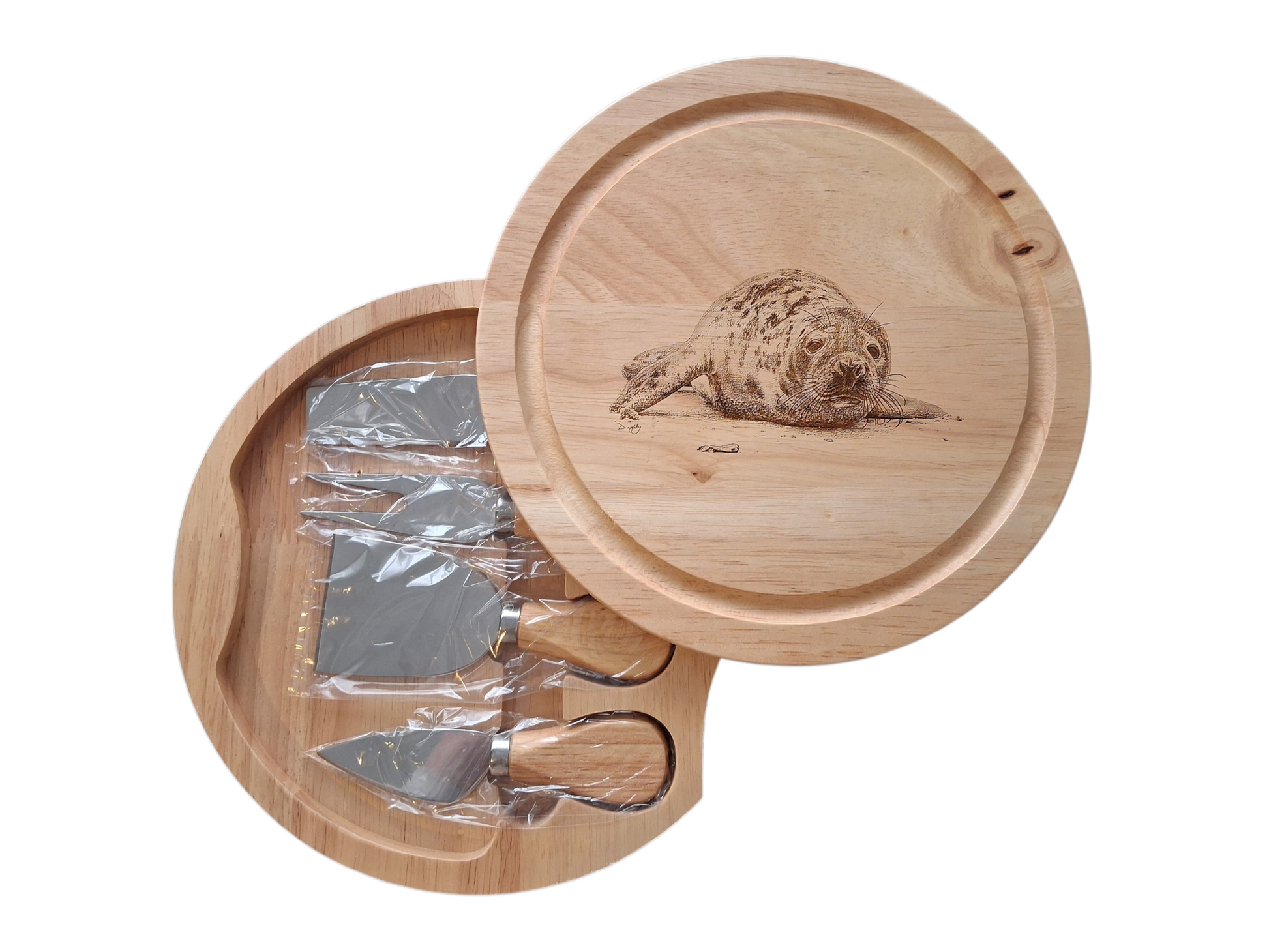 Seal Design Cheese Board Set with Tools Open 