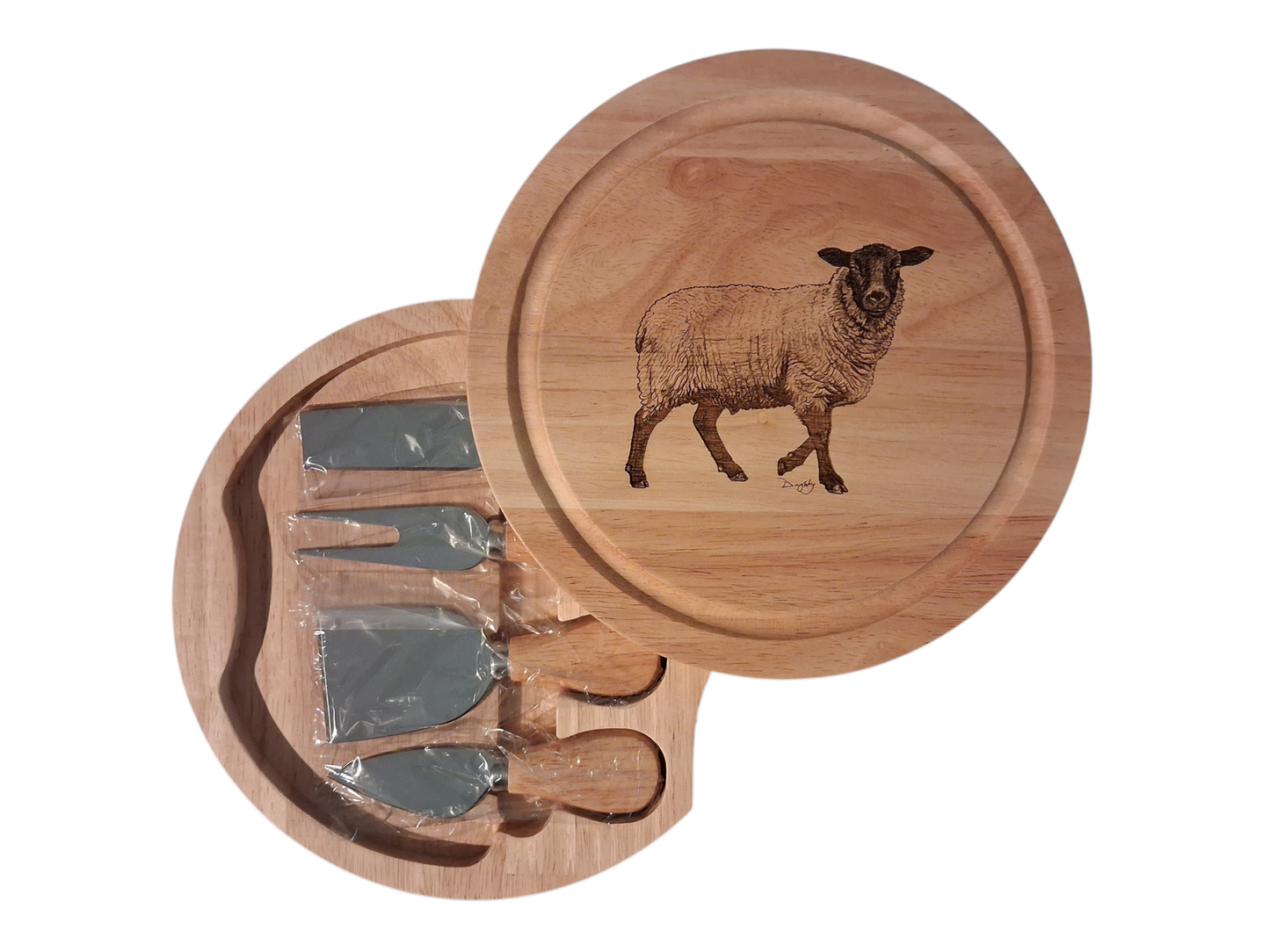 Sheep Design Cheese Board Set with Tools Open