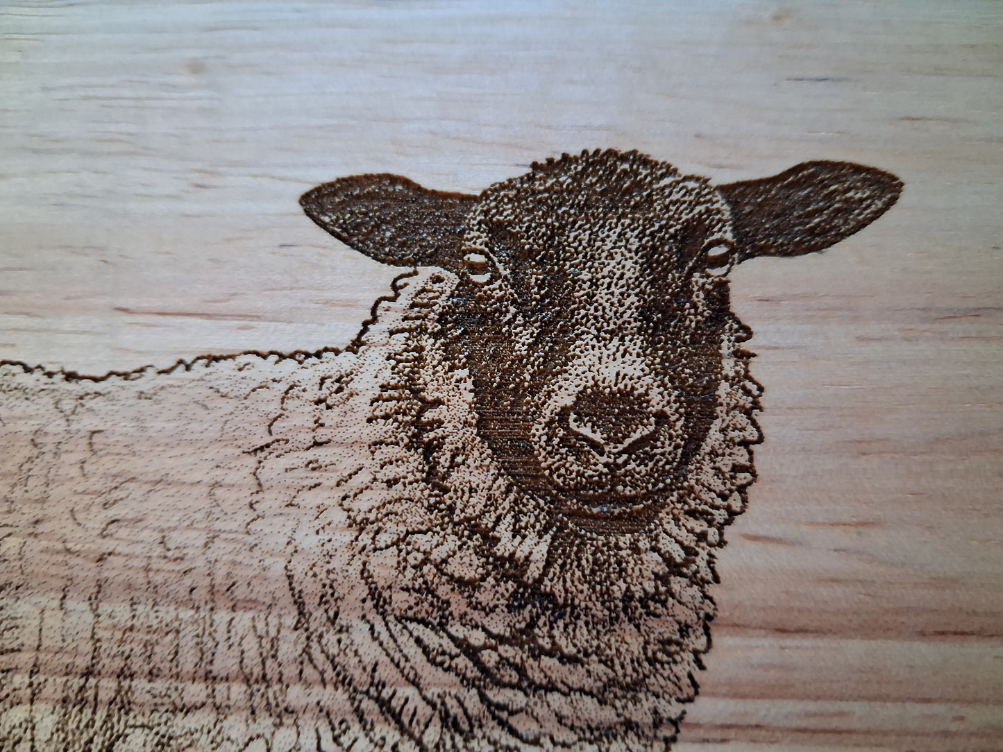 Sheep Design Medium Wooden Chopping Board with Handle Close-up 