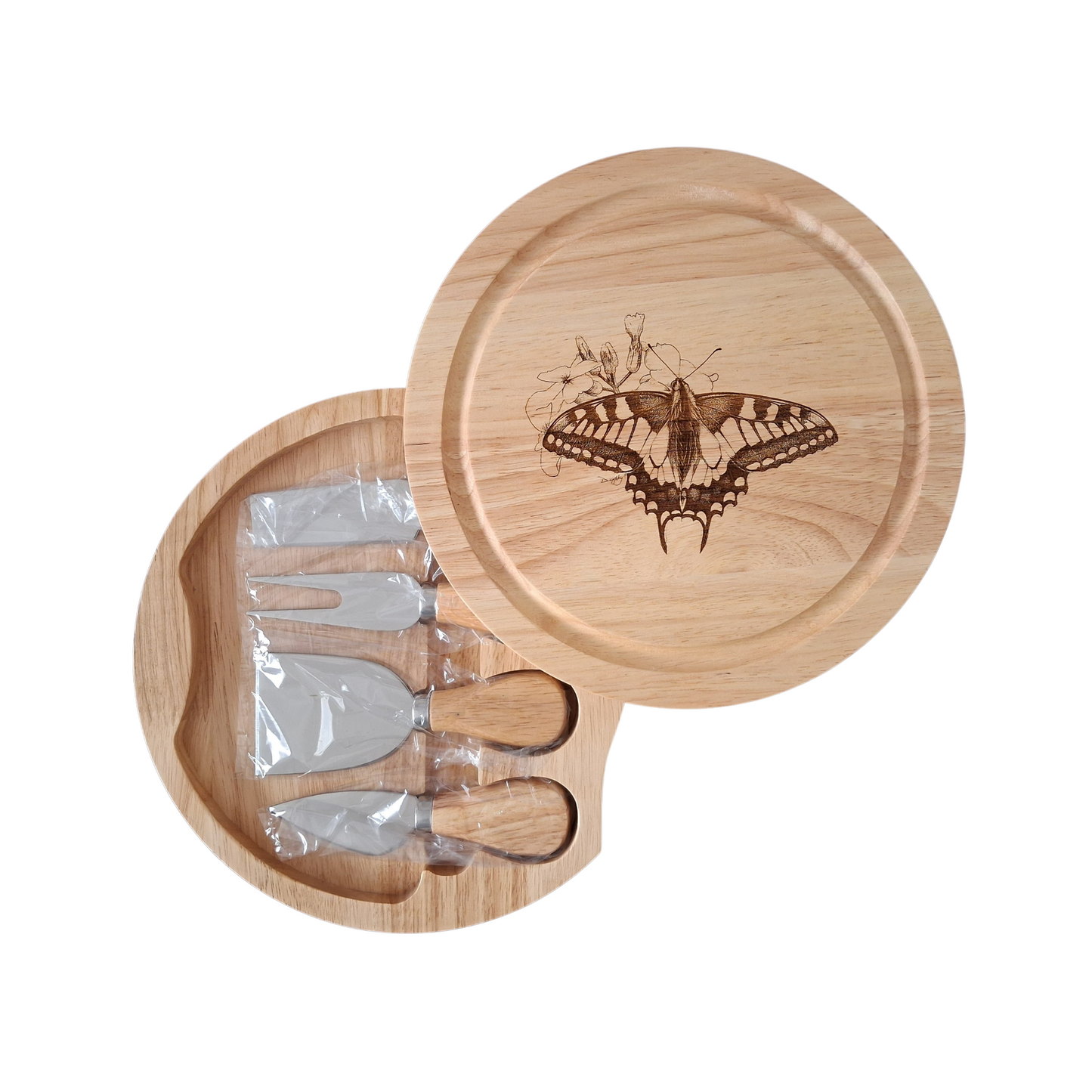 Swallowtail Butterfly - Cheese Board Set with Tools (21cm dia. x 4cm) Open