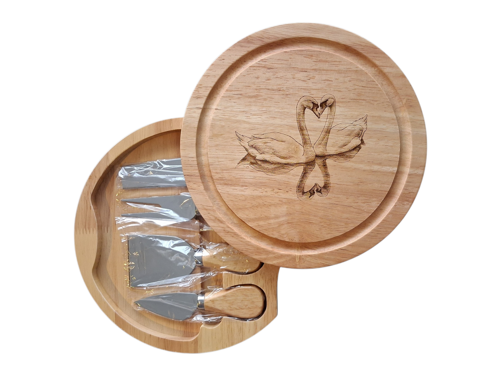 Swans 'Love Is...' Design Cheese Board Set with Tools Open 