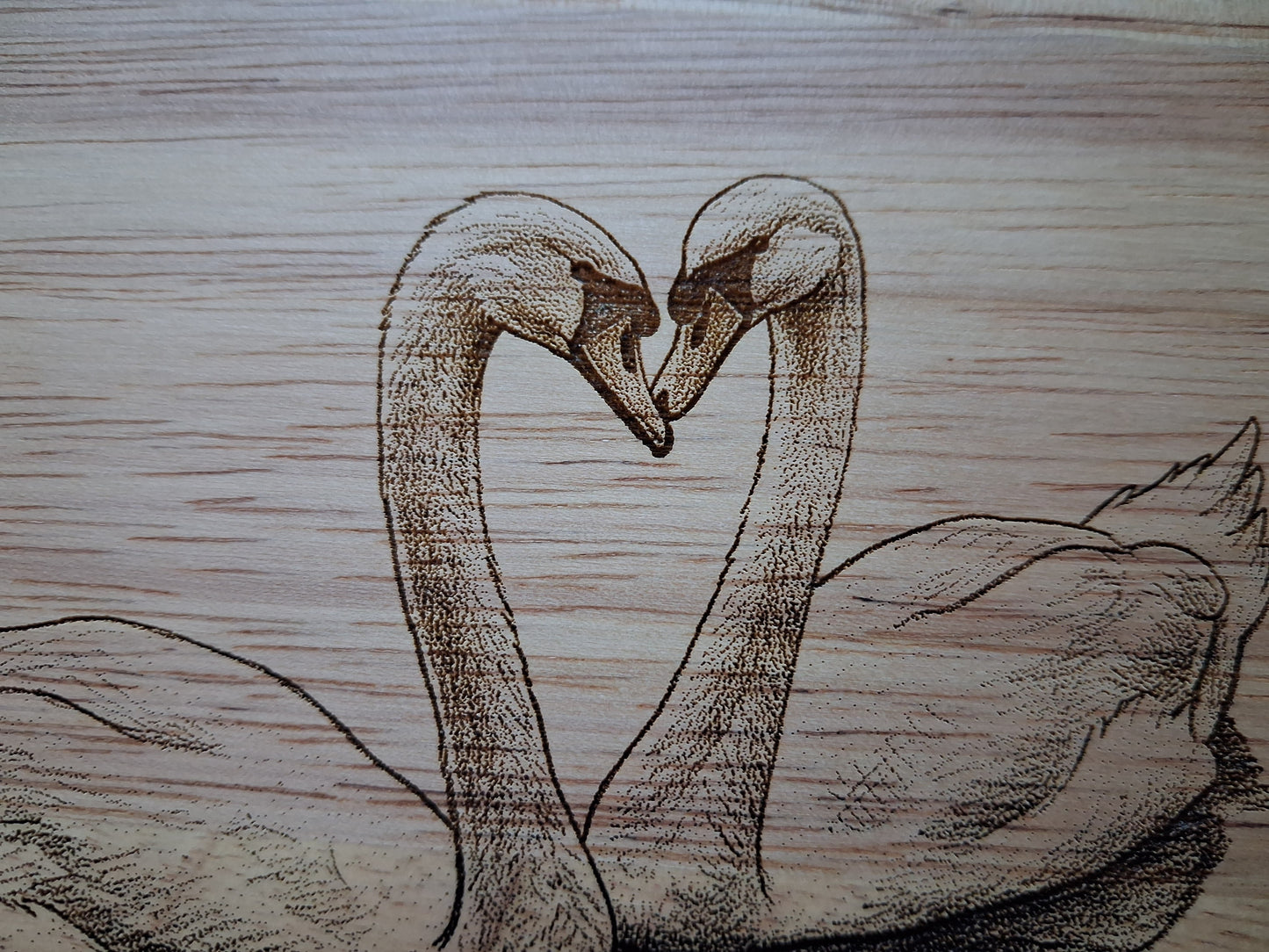 Swans 'Love is...' Design Medium Wooden Chopping Board with Handle Close-up 
