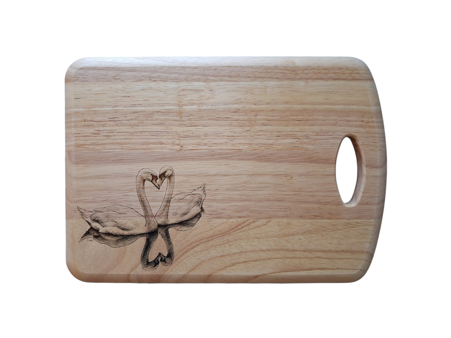 Swans 'Love is...' Design Medium Wooden Chopping Board with Handle Front Image 