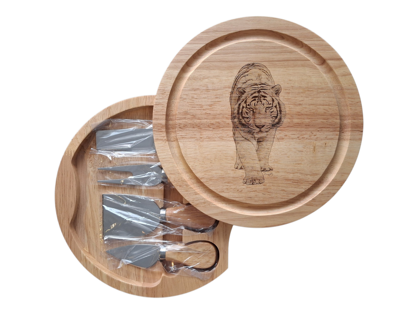 White Tiger Design Cheese Board Set with Tools Open 