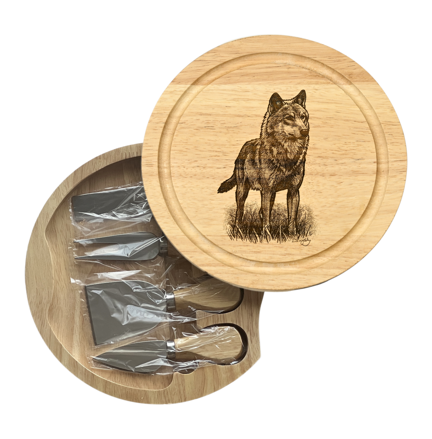 Wolf Design Cheese Board Set with Tools Open 