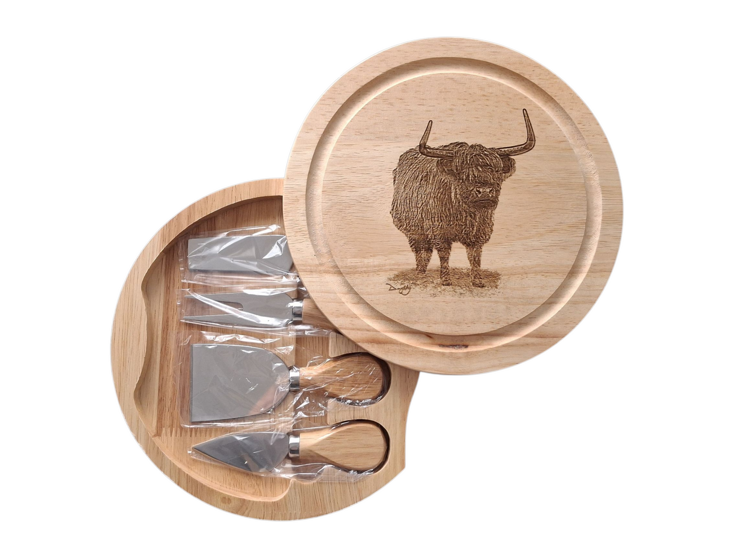 Highland Cow Design Cheese Set with Tools photo open 