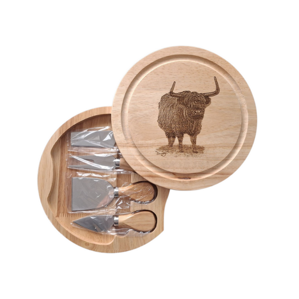 Highland Cow Design Cheese Set with Tools photo open 